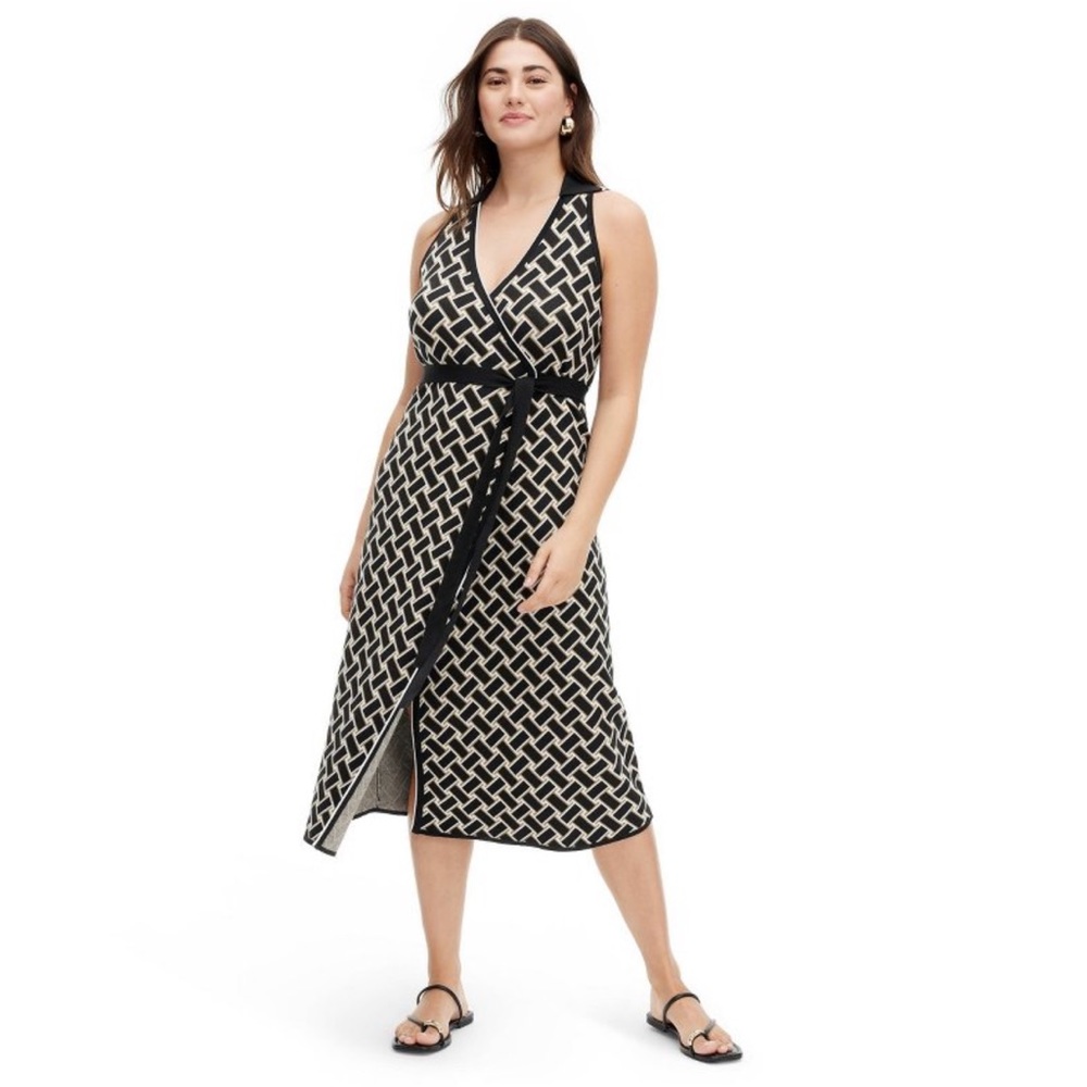 Women’s collared sleeveless vintage weave sweater midi wrap dress